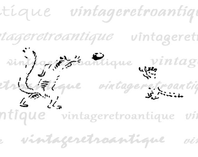 Printable Graphic Squirrels Play Catch with Acorn Digital Cute Image Illustration Download Vintage Clip Art Jpg Png HQ 300dpi No.868