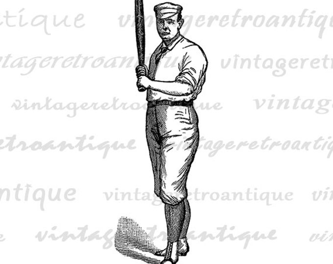 Old Fashioned Baseball Player Graphic Digital Printable Baseball Image Download Vintage Clip Art Jpg Png Eps HQ 300dpi No.4311