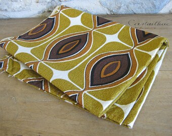 Retro barkcloth fabric with abstract mustard, chestnut and brown pattern