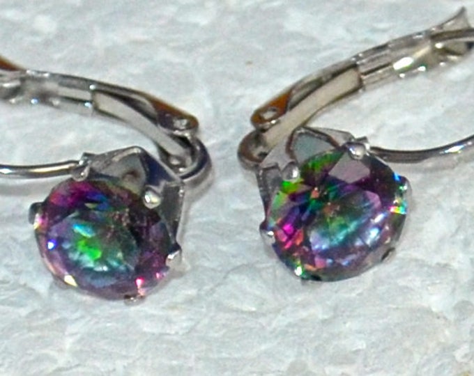 Mystic Quartz Leverback Earrings. 8mm Round, Natural, Set in Stainless Steel E1057