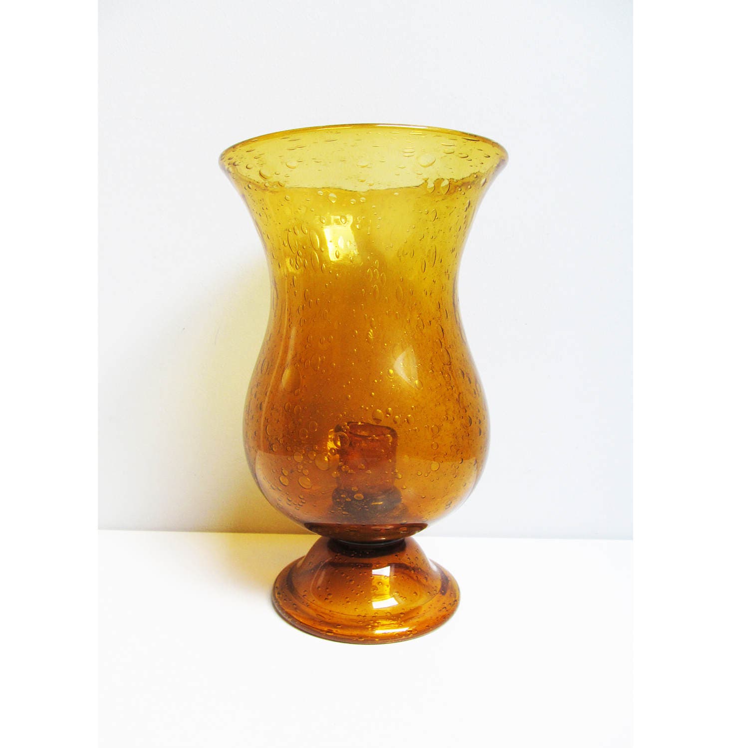 Vintage Large Glass Hurricane Candle Holder Amber Gold Hand