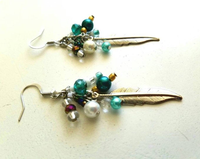 Blue Teal Green White Feather Cluster Silver Earrings