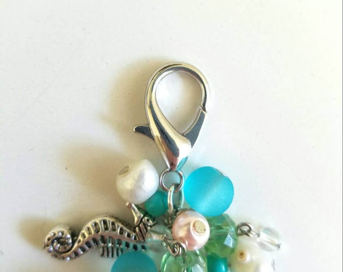 Nautical Blue Green White Salmon Teal Pearl Seahorse Anchor Fish Beaded Lobster Hook Keychain