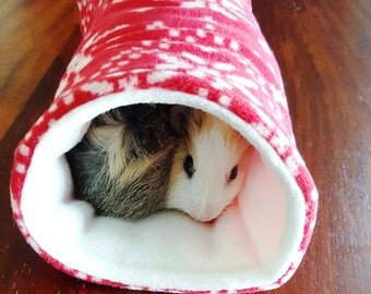 Guinea pig fleece tunnel - small pet tunnel - fleece pet bed - reversible fleece - red and white - snowflake design