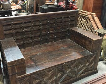 Antique Diwan Indian Bench Teak Sofa Hand Carved Iron Patina Squares Farmhouse Shabby Chic Storage Vintage Eclectic Dark wood