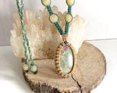 Ruby Fuchsite macrame pendant with yellow calcite beads, Free Worldwide Shipping