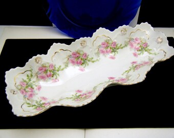 M Z Austria Celery Dish Shallow Bowl Porcelain Pink Roses