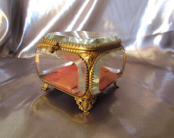 Antique French Jewelry Box, Beveled Glass Box, Wedding Ring Box