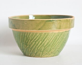 Vintage McCoy Asparagus Mixing Bowl, Antique Yellow Ware Stoneware Bamboo Shoulder Bowl Green Glaze, Rustic Farmhouse Kitchen, 7 1/8 inch
