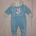 1970s Baby Blue Bunny Hooded Bunting Cold Weather Suit w Mitts Booties Long Zippers Quilted Lining 12 months