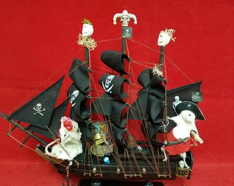 Taxidermy Mouse Pirate ship w/hostage and treasure-Anthropomorphic-Diorama
