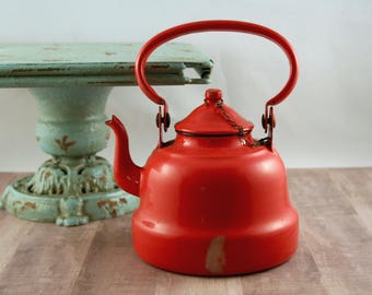 Red Enamel Tea Kettle, Vintage Enamel Teapot, Cherry Red Enamel Coffee Pot, Red Enamel Teapot with Handle