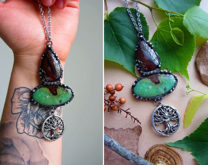 Necklace "Forest Goddess" with Iron Tiger Eye, Chrysoprase, and 3D tree of life goddess pendant. Custom length stainless steel chain.