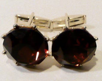 Mid Century Cufflinks With Brown Faceted Glass Cabochon