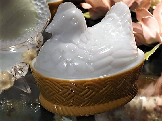 Milk Glass Hen on Nest Dish AVON Vintage Country Kitchen Farmhouse Farm Cottage Home Decor Butter Soap Candy White Hen Sitting on Basket