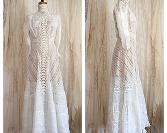 Antique Valenciennes Lace with Cotton Wedding Gown / 1910s / Bridal / Bridesmaid / Victorian Dress / Size Small