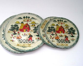 Ohio Art Tin Tea Set, c. 1950s Farm Scene, 4 Pcs Plates Children's Toy Tea Setting, Tea Party Play, Vintage Tins, Vintage Toys
