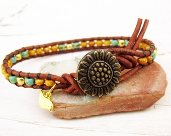 Sunflower Single Leather Wrap Bracelet ~ Seed Bead Bracelet ~ Sunflower Bracelet with Bird - Organic Boho Wrap Bracelet