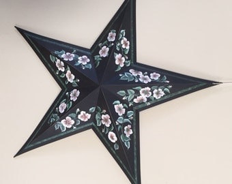 24" Hand Painted Black Barn Star with Dogwood Blooms