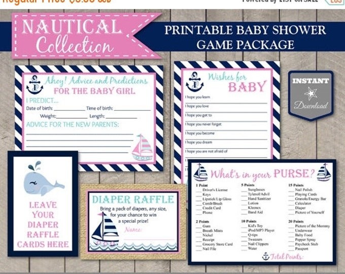 SALE INSTANT DOWNLOAD Nautical Girl Baby Shower Game Package / Wishes for Baby / Diaper Raffle / Advice / Nautical Girl Collection / Item #6