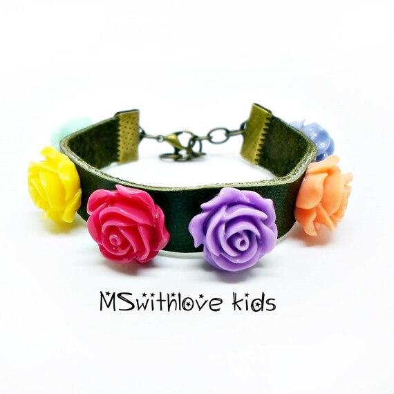 Leather kids bracelet Flower kids bracelet Bohemian children