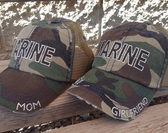 Marine Girlfriend Hat and Marine Mom Hat, Camouflage Trucker Caps available with mesh and non mesh backs