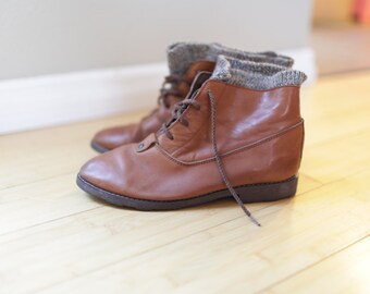 vintage brown leather sweater oxfords ankle boots lace up womens 6 *