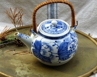 Ceramic Teapot Blue and White Teapot Asian Teapot with Strainer Bamboo Handle