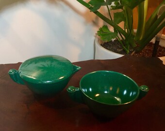 Vintage Branchell Melmac Sugar Bowl and Creamer Set - Color Deep Emerald Green