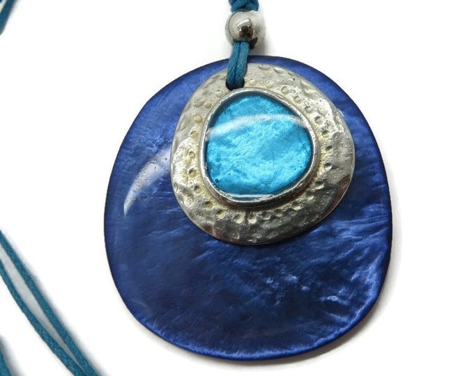 Boho Corded Necklace, Vintage Blue Pendant, Teal Green Necklace, Hippie Necklace