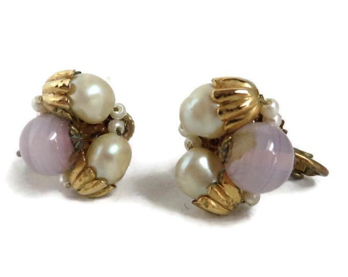 Vintage MIRIAM HASKELL Faux Pearl and Purple Bead Earrings, Clip-on Screwback Cluster Earrings