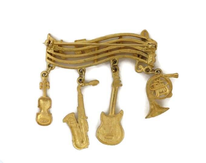 JJ Musical Bar Brooch, Vintage Gold Tone Musical Bar Dangling Charms Pin, Gift for Her