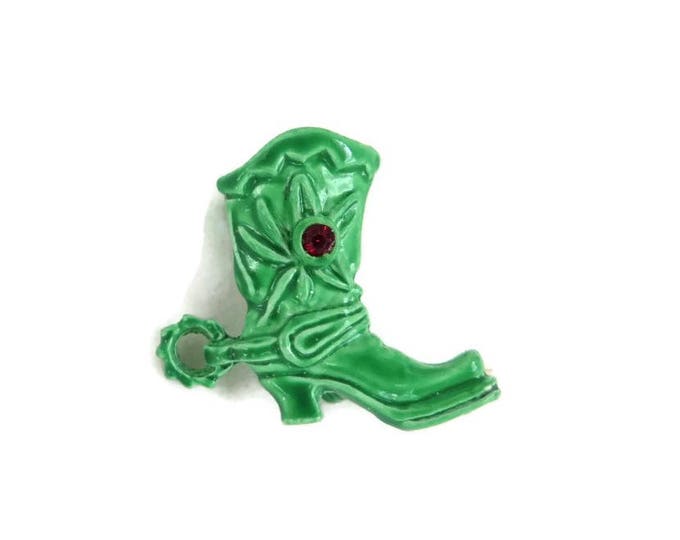 Cowboy Boot Pin, Vintage Green Enamel Red Rhinestone Signed Gerry's Western Boot Brooch, Gift for Her