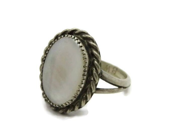 Navajo MOP Sterling Silver Ring, Vintage Signed Native American Braided Mother of Pearl Ring Size 5.5