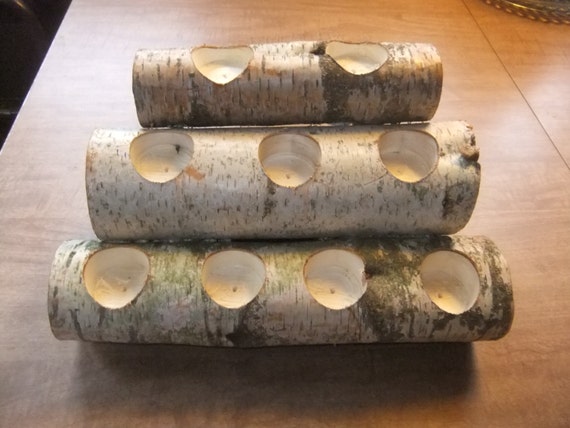 Birch Wood Fireplace Logs 9 Tea Light Candle Holder Rustic Up for sale is a White Birch Crafted in the form of a stack of firewood