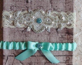 Aqua Blue Wedding Garter Set, Wedding Dress, Lace and Satin Bridal Garter, Something Blue Garter, Rhinestone Garter, Wedding Garder