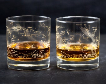 Night Sky Star Chart Old-Fashioned Lowball Whiskey Glasses (Pair) Gold Constellation Astronomy, Cocktail, Whisky, Star Map