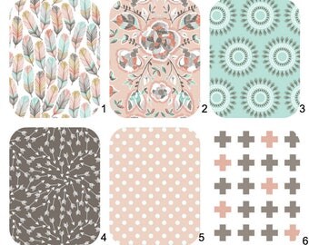 Feather CRIB BEDDING Set, Mini Crib Bedding, Stokke Bedding, Toddler Bedding Set -Aqua,Coral,Grey,Gold - Crib Sheet, Crib Skirt, Crib Bumper