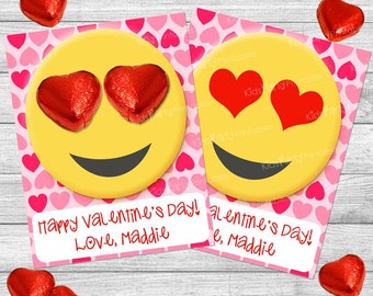 Valentine Kids Cards, EMOTICON Personalized Valentine Cards, Valentine PRINTABLE, Valentine Card for Class School Classroom Tween Girl Heart