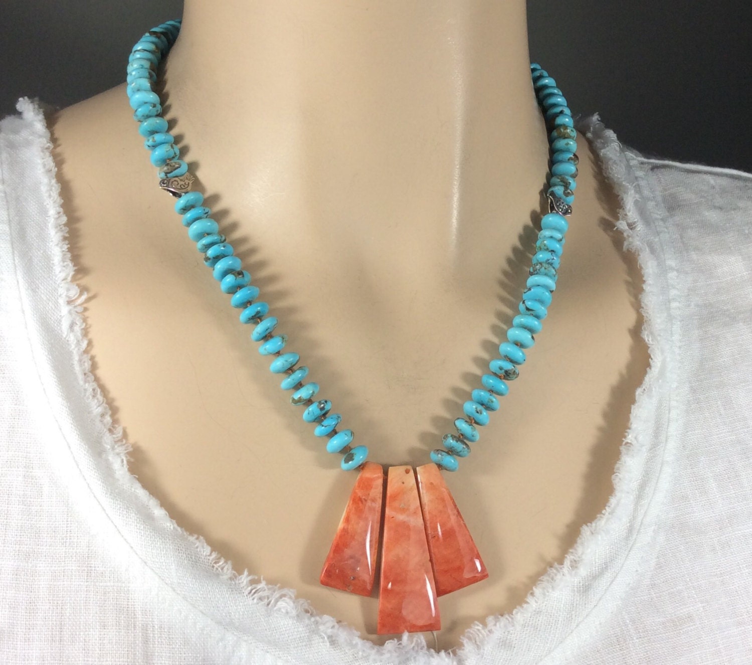 Blue Turquoise Spiny Oyster Knotted Necklace Sterling Silver