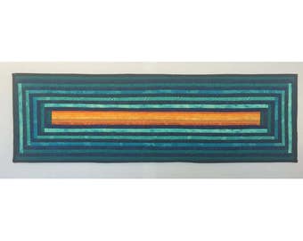 Quilted table runner. Minimal. Geometric. Teal and gold. Modern home decor. Pieced hanging. Geometry. Bureau scarf. Handmade table topper.