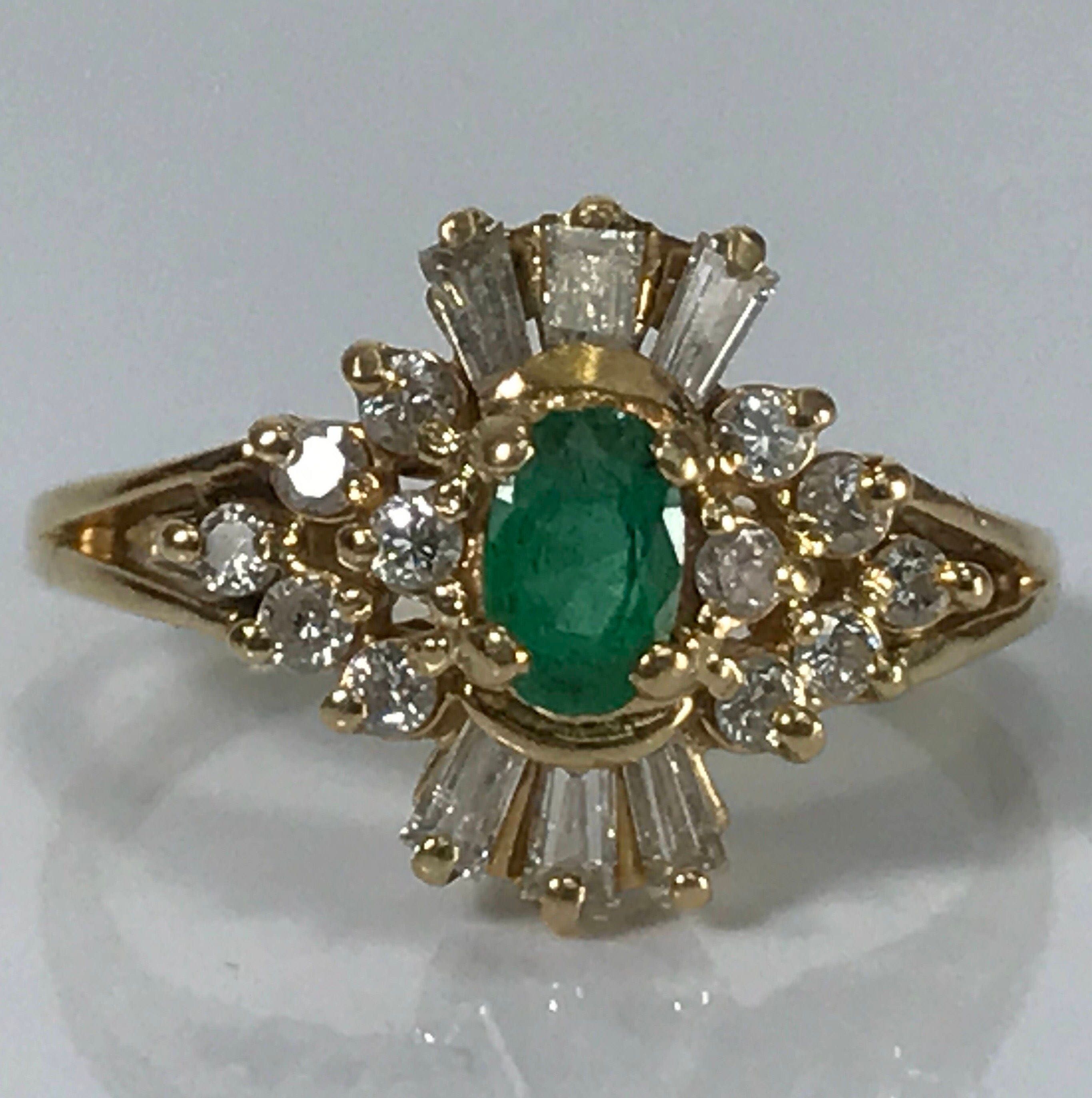 Antique Emerald Ring. Diamond Halo. 14K Yellow Gold Art Deco Setting 