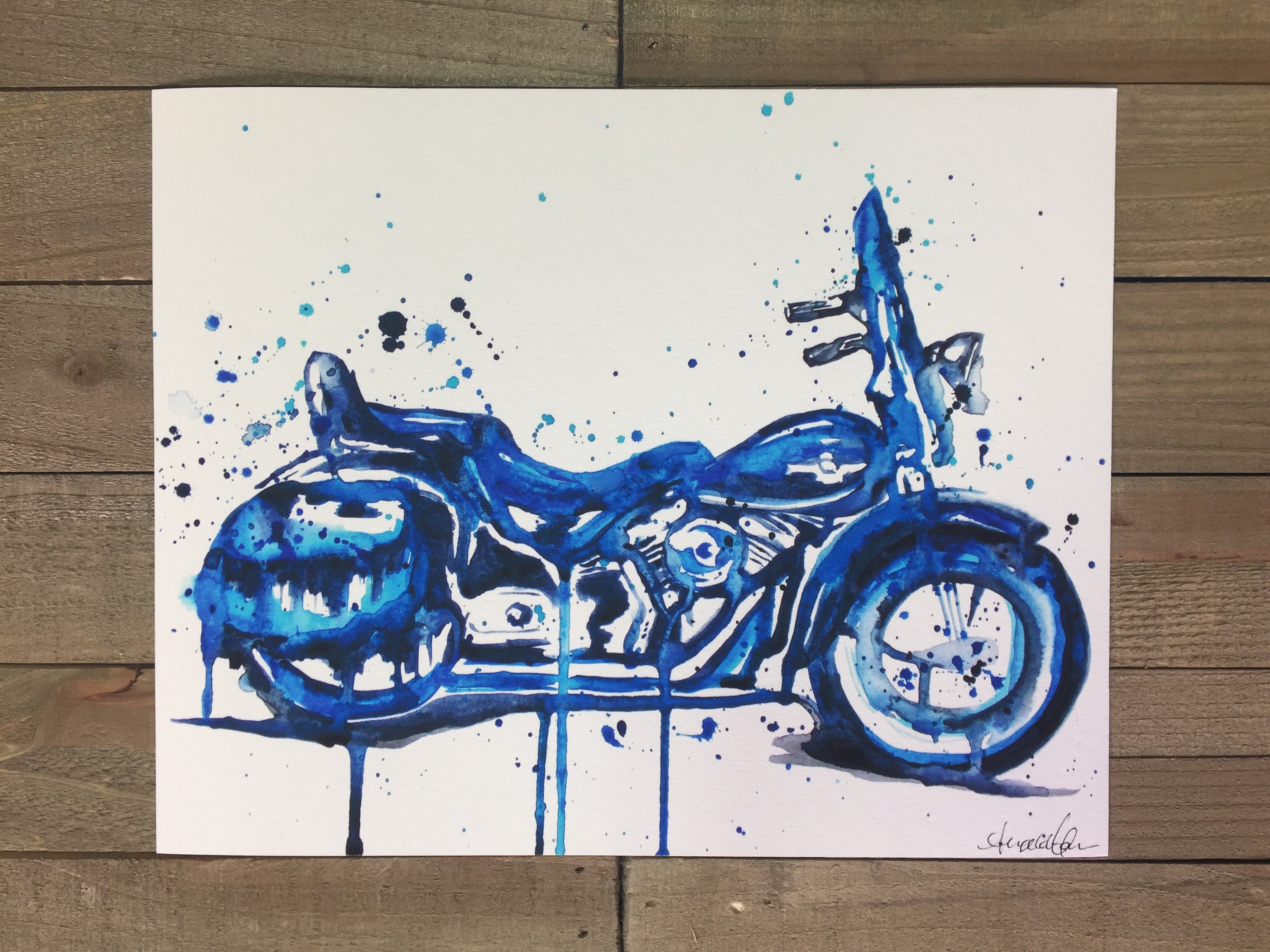 Blue Motorcycle Watercolor Motorcycle Art Harley Painting