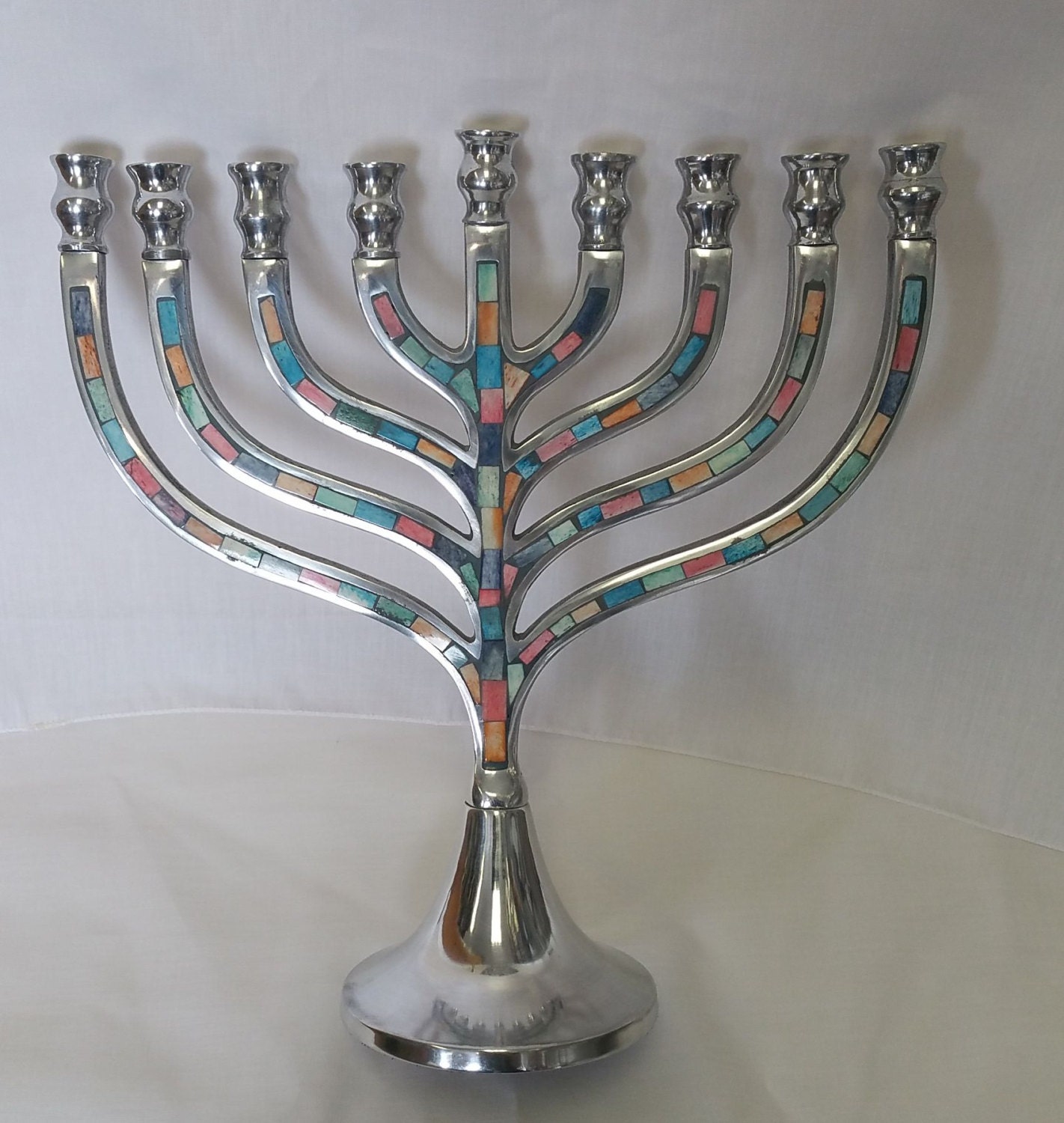 Traditional Silver Aluminum Menorah With Mosaic Multi Colored
