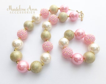 Gold and Pink Baby Necklace, Girls Bubblegum Necklace, Pink Toddler Necklace, Girls Cake Smash Accessories, Gold Pink Chunky Bead Necklace