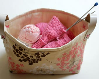 Fabric Basket with Leather Handles, Storage Bin.