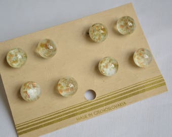 Card of 8 vintage Czech glass paperweight button, white with mica gold flecks, 10mm 3/8th inch