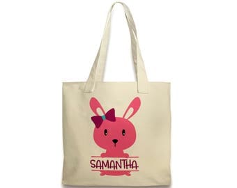 Girls Easter Basket Canvas Tote Bag - Personalized Bunny Easter Bag