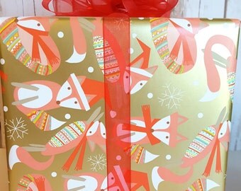 Fox Christmas Wrapping Paper, Metallic Gold Background with Festive Foxes Children's Holiday Gift Wrap 10 ft x 2 ft. Roll,