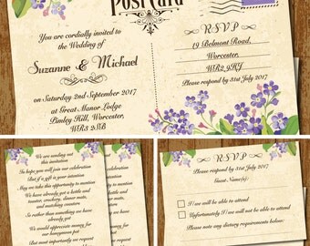 Vintage Postcard Lilac Forget-Me-Nots Wedding Invitation Set